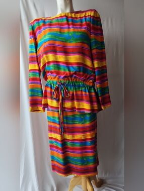Vintage Nipon Boutique Bright Multicolored two piece Silk skirt set Size 14